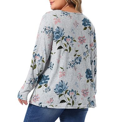 Women's Plus Size Floral Long Sleeve Crew Neck Pleated Soft Knit Blouse