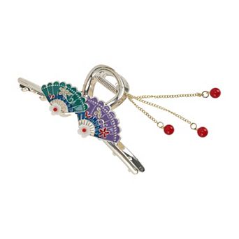 Fan with Tassel Claw Clip Purple-Green Gold 1 pc