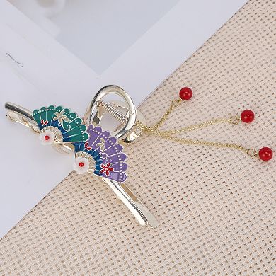 Fan with Tassel Claw Clip Purple-Green Gold 1 Pc