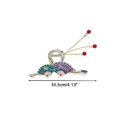 Fan with Tassel Claw Clip Purple-Green Gold 1 Pc