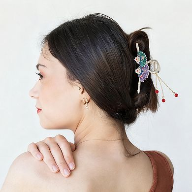 Fan with Tassel Claw Clip Purple-Green Gold 1 Pc