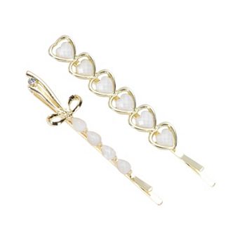 Heart Bobby Pin Gold Tone Beige 1 Pair