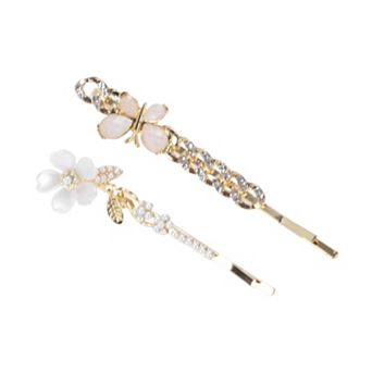 Flower Butterfly Bobby Pin Gold Tone Beige 1 Pair