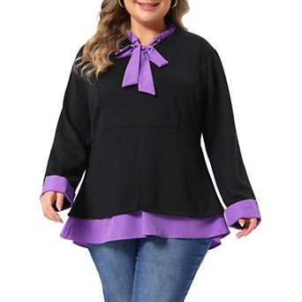 Women's Plus Size Bow Tie Faux Two Layer Long Sleeve Peplum Blouse