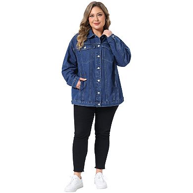 Women's Plus Size Denim Jacket, Button Down Long Sleeve Coat with Pockets