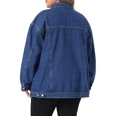 Women's Plus Size Denim Jacket, Button Down Long Sleeve Coat with Pockets