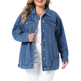 Women's Plus Size Denim Jacket, Button Down Long Sleeve Coat with Pockets