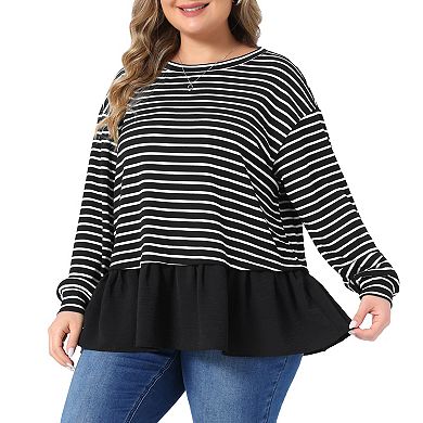 Women's Plus Size Tops Crew Neck Long Sleeve Striped Solid Panel Peplum Hem Casual Blouse