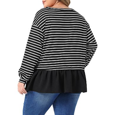 Women's Plus Size Tops Crew Neck Long Sleeve Striped Solid Panel Peplum Hem Casual Blouse