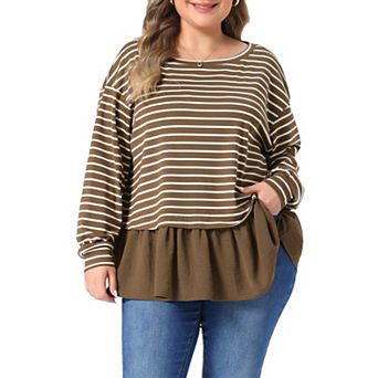 Women's Plus Size Tops Crew Neck Long Sleeve Striped Solid Panel Peplum Hem Casual Blouse