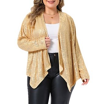 Women's Plus Size Sequin Open Front Cardigan Long Sleeve Handkerchief Hem Party Shrug
