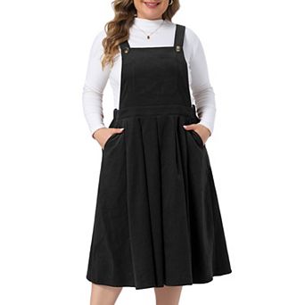 Women's Plus Size Corduroy Pinafore Overall Dress Side Pocket Pleated Skirt