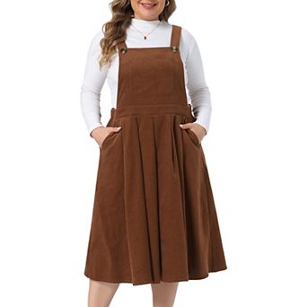 Women's Plus Size Corduroy Pinafore Overall Dress Side Pocket Pleated Skirt