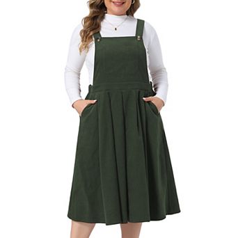 Women's Plus Size Corduroy Pinafore Overall Dress Side Pocket Pleated Skirt