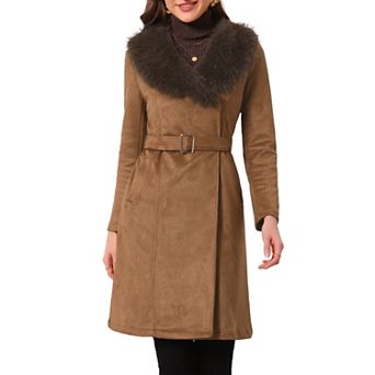 Women's Faux Suede Trench Coat Single Breasted Winter Overcoat Belted Lapel Jacket with Fur Collar