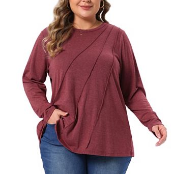 Women's Plus Size Long Sleeve Tunic Top, Crew Neck Diagonal Seam Stitching Loose Fit Casual Blouse