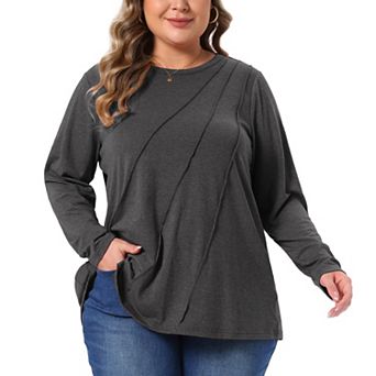 Women's Plus Size Long Sleeve Tunic Top, Crew Neck Diagonal Seam Stitching Loose Fit Casual Blouse