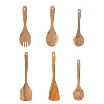 6 pc Cooking Utensil Set Solid Color Round Hole in Wood Kitchen Utensils