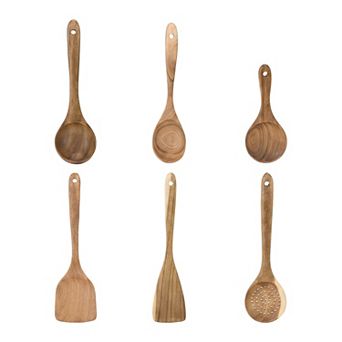 6 pc Cooking Utensil Set Solid Color Round Hole in Wood Kitchen Utensils