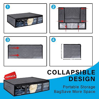 10 Pack Foldable Under Bed Storage Bags, Clear Window Organizer with Reinforced Handles for Clothes