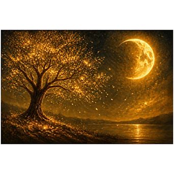 Golden Color Moon Tree Glow Canvas Wall Art 24x36 Inch Dreamlike Painting Print Ready to Han