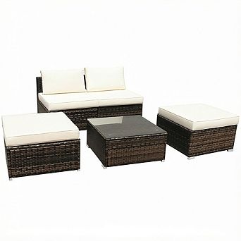 Costway 5 pc Patio Rattan Wicker Furniture Set Armless Sofa Ottoman Cushioned Garden