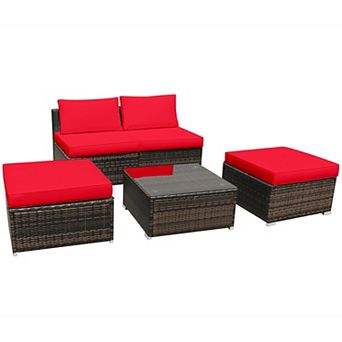 Costway 5 pc Patio Rattan Wicker Furniture Set Armless Sofa Ottoman Cushioned Garden