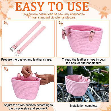 Bike Basket, Cotton Rope Bicycle Basket Adjustable Front Baskets with 2 Leather Belt Buckles
