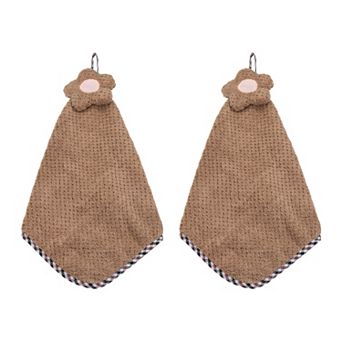 2 pc Coral Fleece Hand Towels with Hanging Loop, Flower Pattern, Quick-Drying & Washable