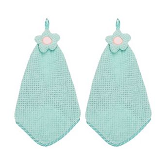 2 pc Coral Fleece Hand Towels with Hanging Loop, Flower Pattern, Quick-Drying & Washable