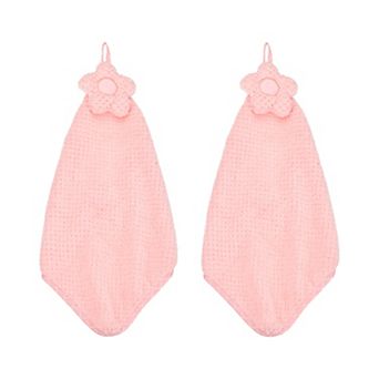 2 pc Coral Fleece Hand Towels with Hanging Loop, Flower Pattern, Quick-Drying & Washable