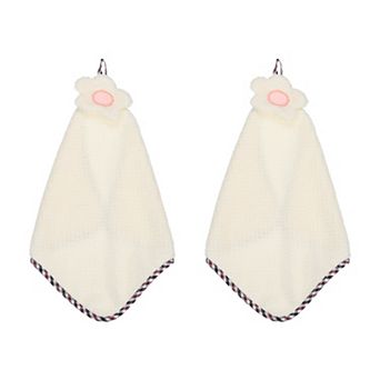2 pc Coral Fleece Hand Towels with Hanging Loop, Flower Pattern, Quick-Drying & Washable