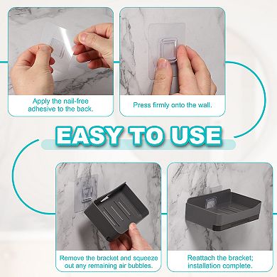 1Pc Self-Adhesive Soap Holder, No Drilling Wall Mounted Soap Dish with Bottom Tray and 2 Hooks