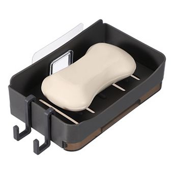1 pc Self-Adhesive Soap Holder, No Drilling Wall Mounted Soap Dish with Bottom Tray and 2 Hooks