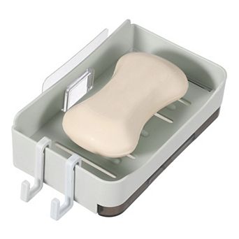 1 pc Self-Adhesive Soap Holder, No Drilling Wall Mounted Soap Dish with Bottom Tray and 2 Hooks