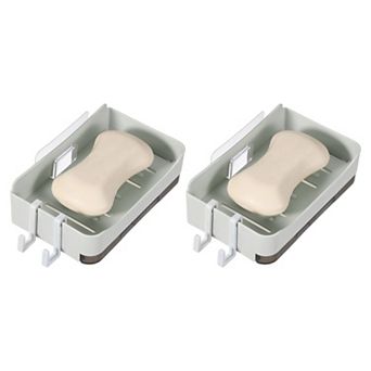2 pc Self-Adhesive Soap Holder, No Drilling Wall Mounted Soap Dish with Bottom Tray and 4 Hooks