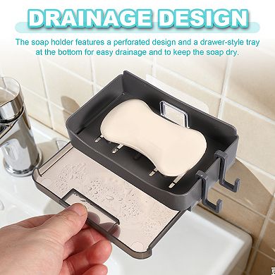 2Pcs Self-Adhesive Soap Holder, No Drilling Wall Mounted Soap Dish with Bottom Tray and 4 Hooks