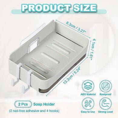 2Pcs Self-Adhesive Soap Holder, No Drilling Wall Mounted Soap Dish with Bottom Tray and 4 Hooks