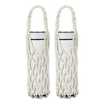 2 pc Crochet Water Bottle Carrier Bag, Reusable Handwoven Cotton Rope Cup Holder with Braided Handle