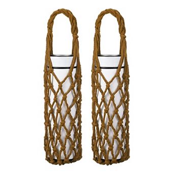 2 pc Crochet Water Bottle Carrier Bag, Reusable Handwoven Cotton Rope Cup Holder with Braided Handle