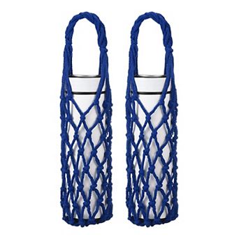 2 pc Crochet Water Bottle Carrier Bag, Reusable Handwoven Cotton Rope Cup Holder with Braided Handle