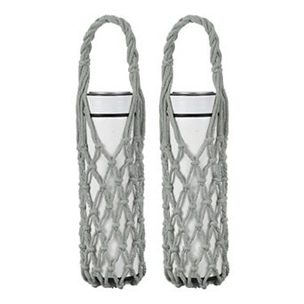 2 pc Crochet Water Bottle Carrier Bag, Reusable Handwoven Cotton Rope Cup Holder with Braided Handle
