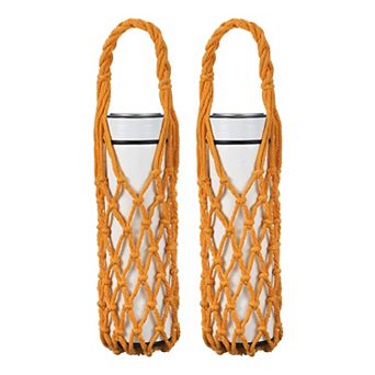 2 pc Crochet Water Bottle Carrier Bag, Reusable Handwoven Cotton Rope Cup Holder with Braided Handle