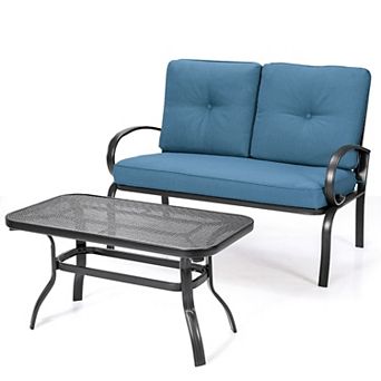 Costway 2 pc Patio LoveSeat Coffee Table Furniture Set Bench W/ Cushions