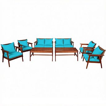 Costway 8 pc Patio Rattan Furniture Set Acacia Wood Frame Cushioned Sofa Chair
