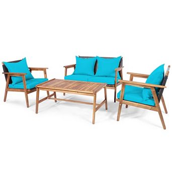 Costway 4 pc Patio Rattan Furniture Set Acacia Wood Frame Cushioned Sofa Chair