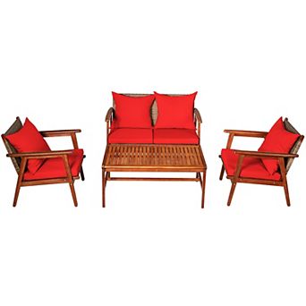 Costway 4 pc Patio Rattan Furniture Set Acacia Wood Frame Cushioned Sofa Chair