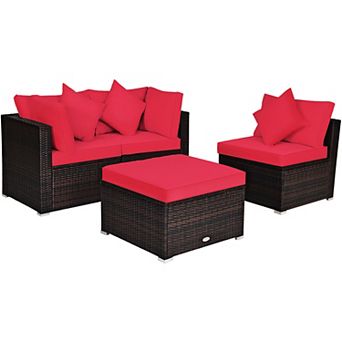Costway 4 pc Patio Rattan Wicker Furniture Set Cushioned Sofa Ottoman Garden