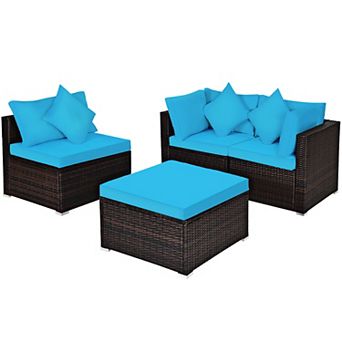 Costway 4 pc Patio Rattan Wicker Furniture Set Cushioned Sofa Ottoman Garden