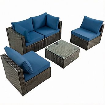 Costway 5 pc Patio Rattan Furniture Set Cushioned Sofa Chair Coffee Table